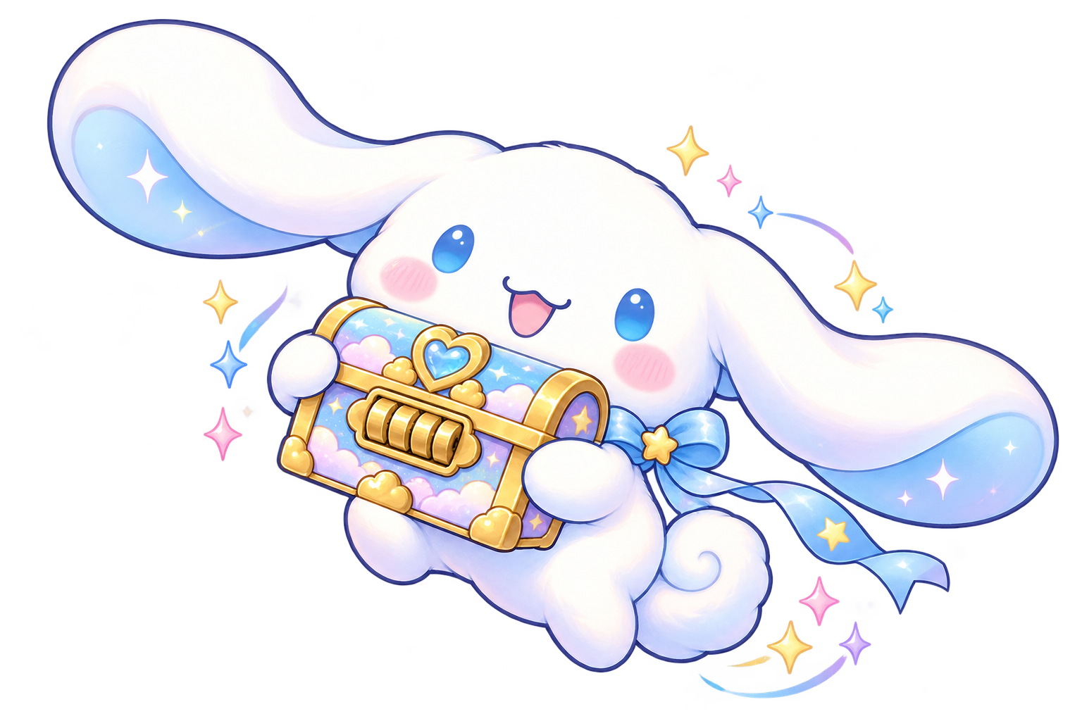Cinnamoroll flotando con un cofre del tesoro